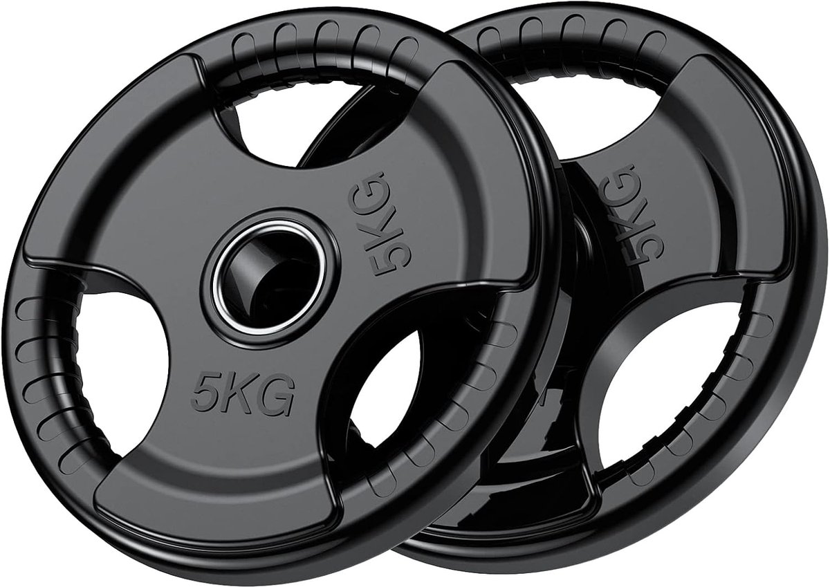 Halterschijven 2 x 5 kg met rubberen afwerking 2 '' opening en Tri-Grips, zwarte halterschijven in paar of enkel voor tillen en krachttraining