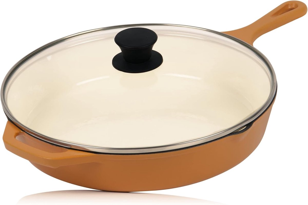 gietijzeren pan met deksel geëmailleerd | Ø 29,5 cm | Sunny Orange | Braadpan met twee uitlooplipjes | Grillpan met deksel, universele pan, gietpan, braadpan met deksel, hoge rand, pannen