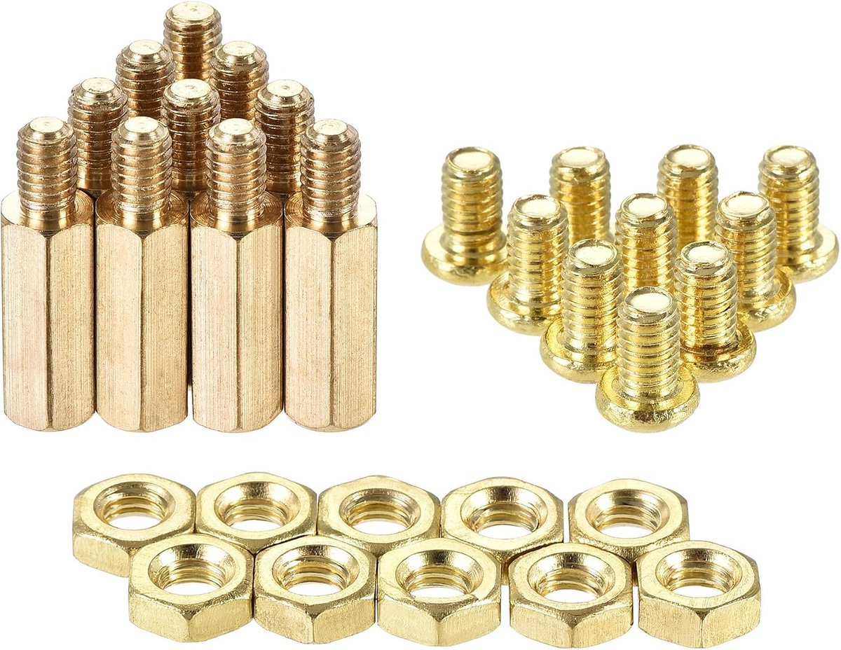 sourcing map M4 zeskant messing afstandhouder afstandhouder 15 mm + 6 mm mannelijk vrouwelijk met schroefdraadschroeven en moeren tas voor PCB moederbord computer printplaat 10 sets