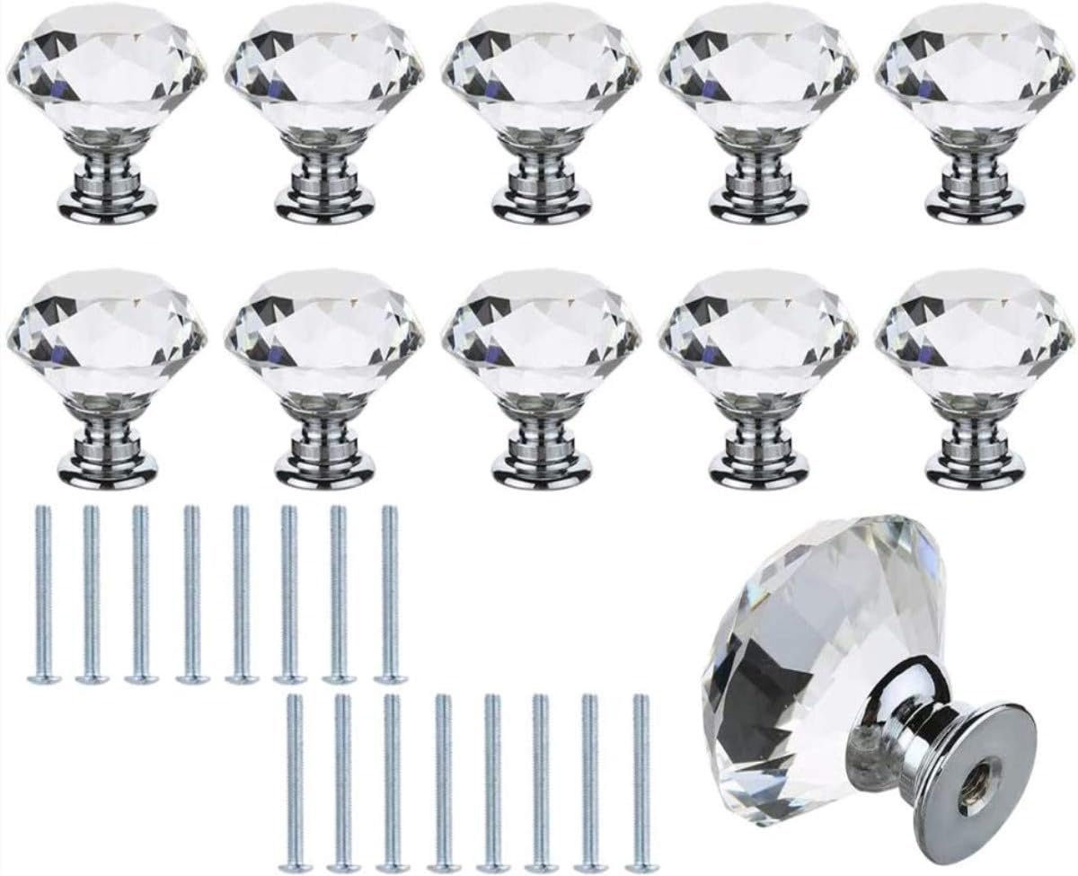 10 stuks kristallen ladeknoppen met schroeven, zinklegering, kristalglas, kastknoppen, meubelknop, handvat, garderobe, trekgrepen, meubelgreep, 30 mm x 30 mm kastaccessoires