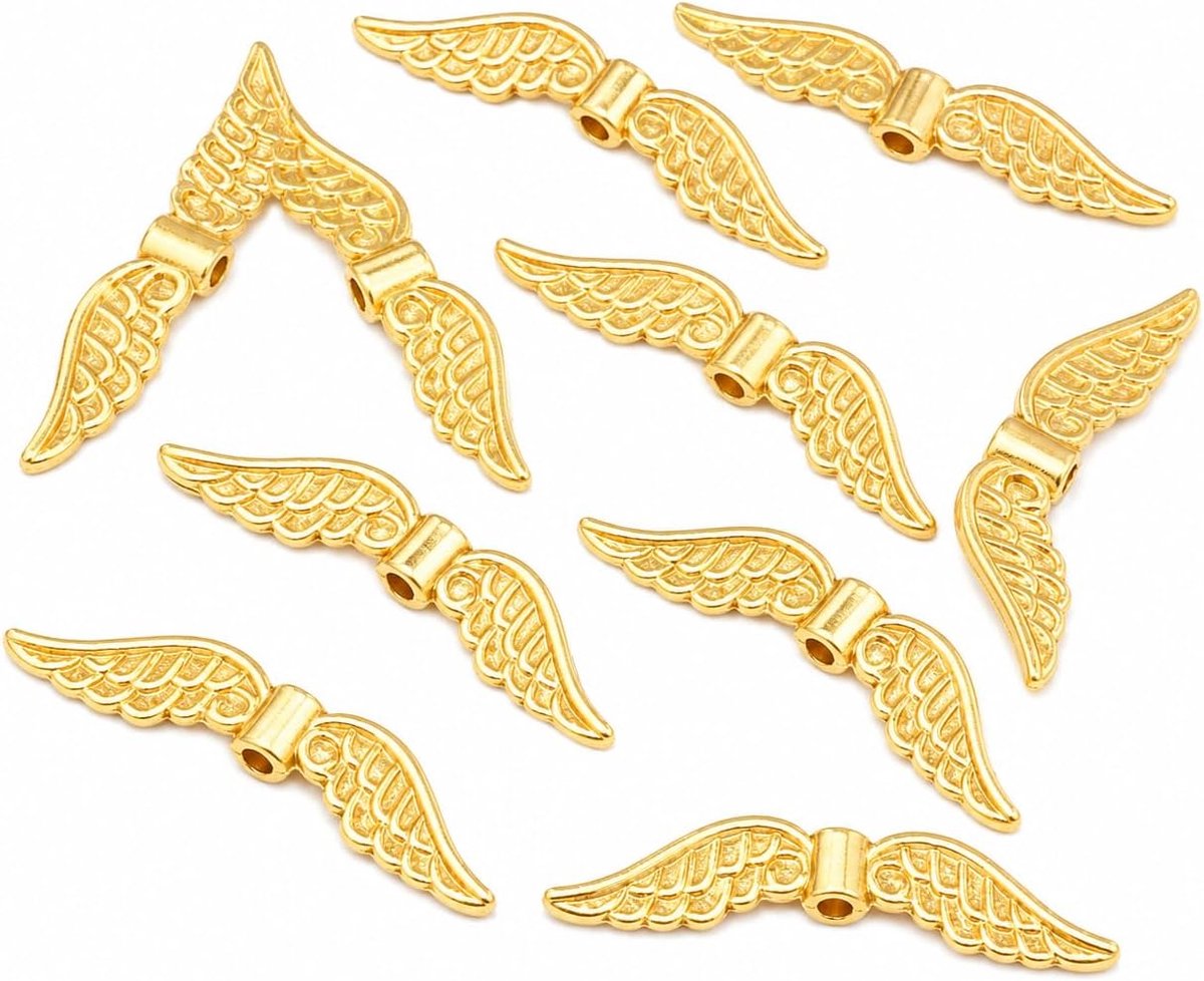 Kralen, engelenvleugels, kralen, 32 mm, gouden parelengel, metalen sieraden, doe-het-zelf voor armbanden, halskettingen, armbanden, Klein 32mm x 7mm x 3mm, Metaal