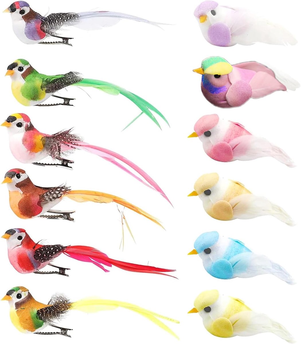 Kunstvogels, kunstschuim, veren vogels, beeldjes, tuindecoratie, knutselwerk, vogelornamenten, kleurrijke vogel, veelkleurig, voor doe-het-zelf tuin, bruiloft (12 stuks)
