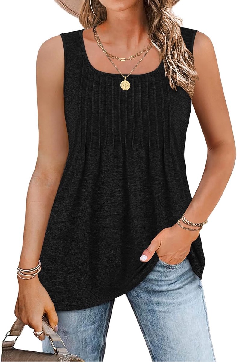 Dames tops vierkante hals vest tops vrouwen UK mouwloze geplooide tuniek shirts zomer vloeiende elegante casual tank tee blouses