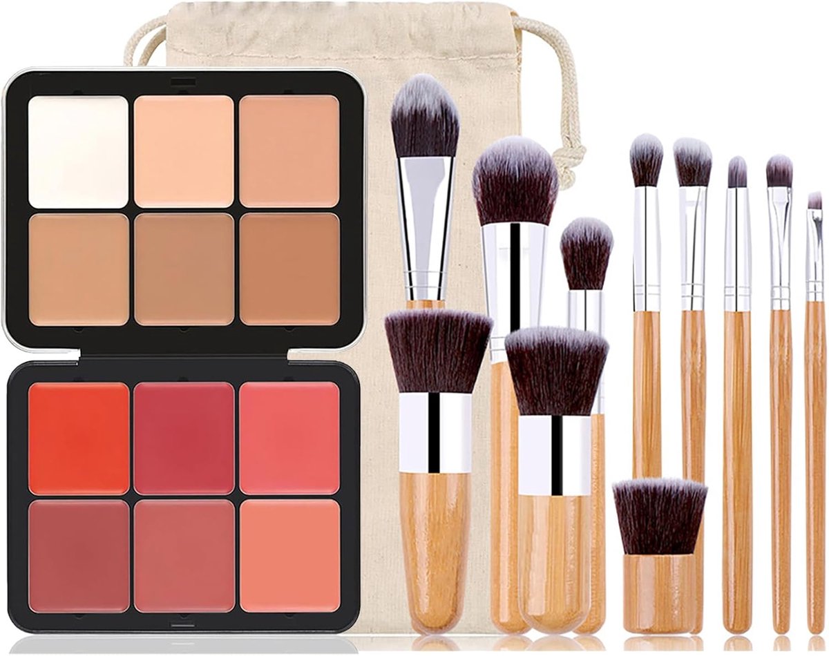 Crème-Concealer-Rouge-Palet, 2-in-1 set voor het blenden van rouge, concealer en contour met 11 make-upkwasten en opbergtas, hoogwaardige, opbouwbare kleur voor lichte huid