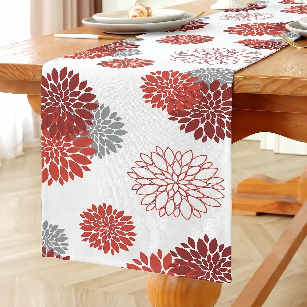 tafelloper voor de zomer, waterdichte tafelloper met bloemen, rode dahlia's, seizoensgebonden herfst, keukendecoratie voor binnen, vakantie, feesten, bruiloften, 40 x 140 cm
