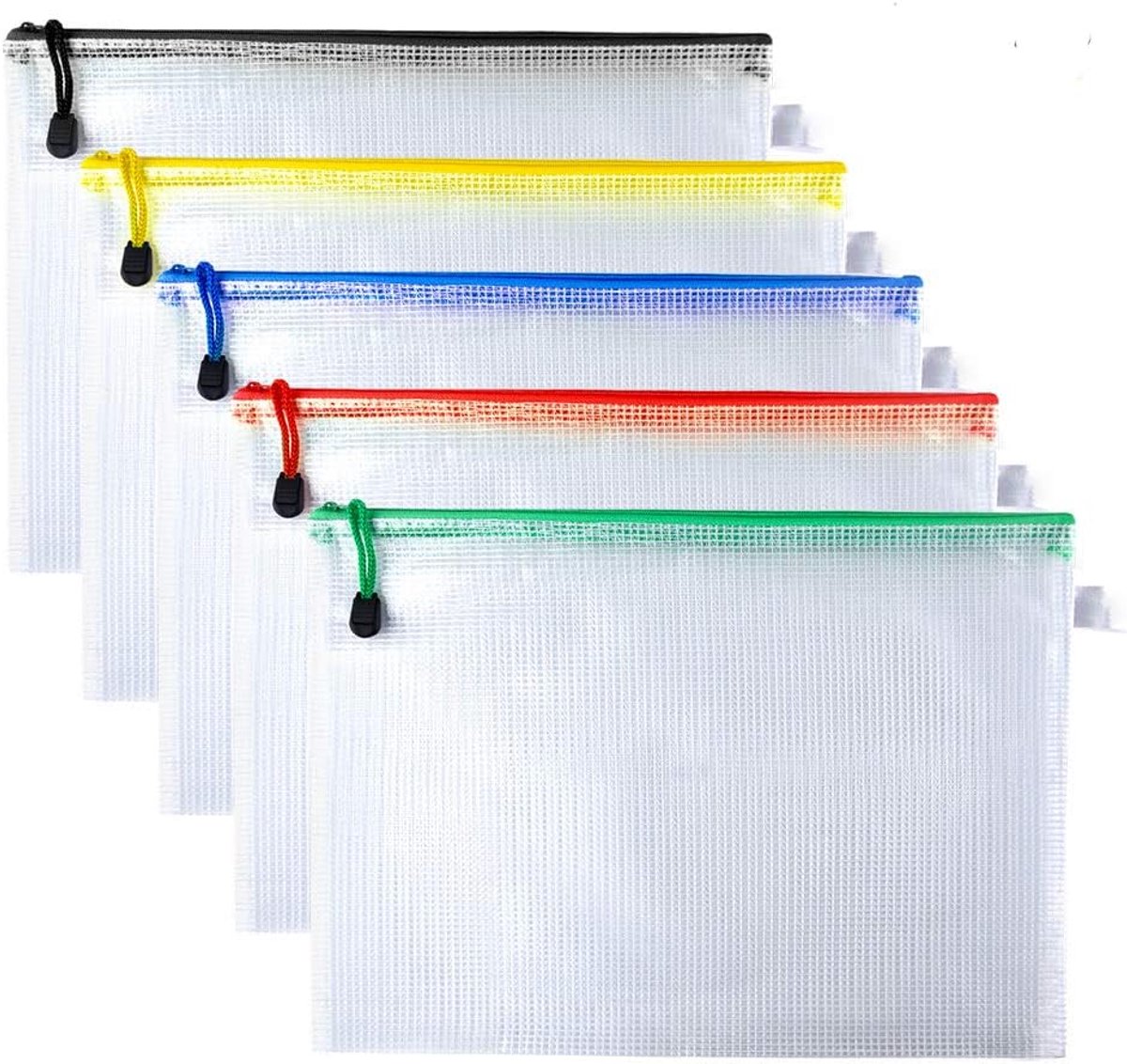 A4 Documententas, waterdichte mesh ritsvakken, kunststof rits, portefeuilles, mapjes, voor bestandsopslag, papierorganisatie, 5-delige set