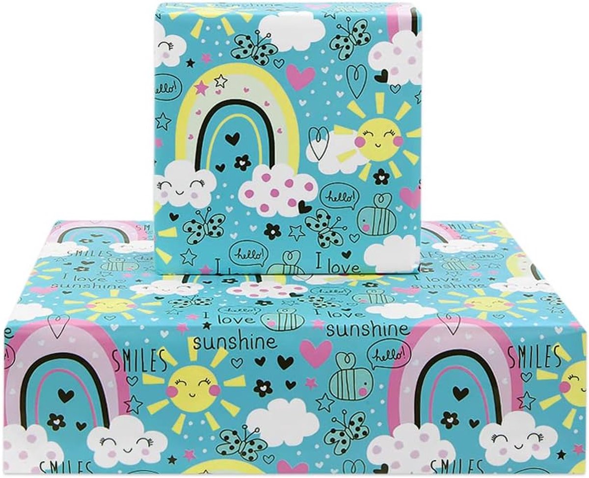 Cadeaupapier voor meisjes, kinderen, jongens, I Love Sunshine Rainbow Design Cadeaupapier voor verjaardag, babyshower, kinderdag, 4 vellen plat gevouwen, 50 x 70 cm per vel
