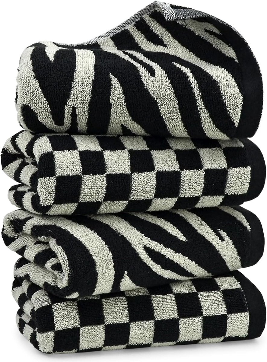 Badkamerhanddoeken, 2 stijlen, 4 stuks - zwarte handdoek geruit en zebra, katoen