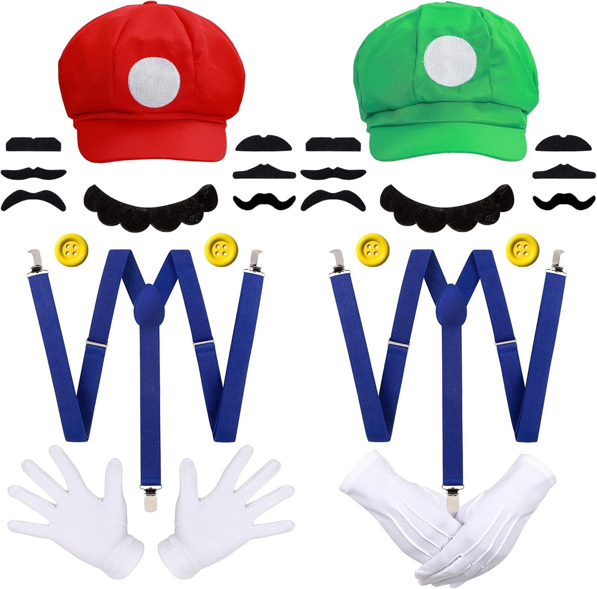 iZoeL Mario Bros Hoed Met M en Luigi-Hoeden Met L - Caps, Snor, Handschoenen, Knopen - Cosplay Kostuum voor Halloween Vrouwen Mannen Kinderen