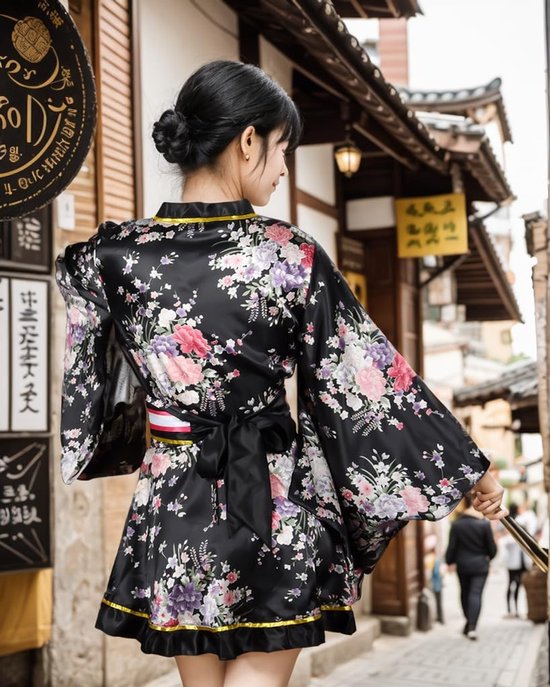 5 stuks Japanse kimono-badjas voor dames, korte kimono-jurk met bloemenprint, sexy Geisha Yukata satijnen badjas met accessoires — afbeelding 5