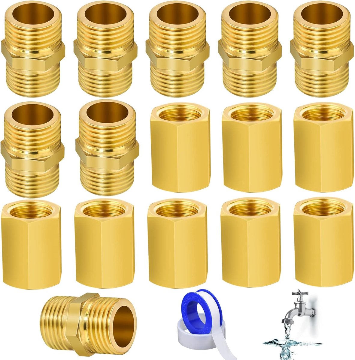 8 stuks dubbele nippels, messing dubbele nippel 1/4 inch met 8 persluchtmof binnendraad 2 waterbanden voor huis tuin waterleidingen sprinklerinstallatie