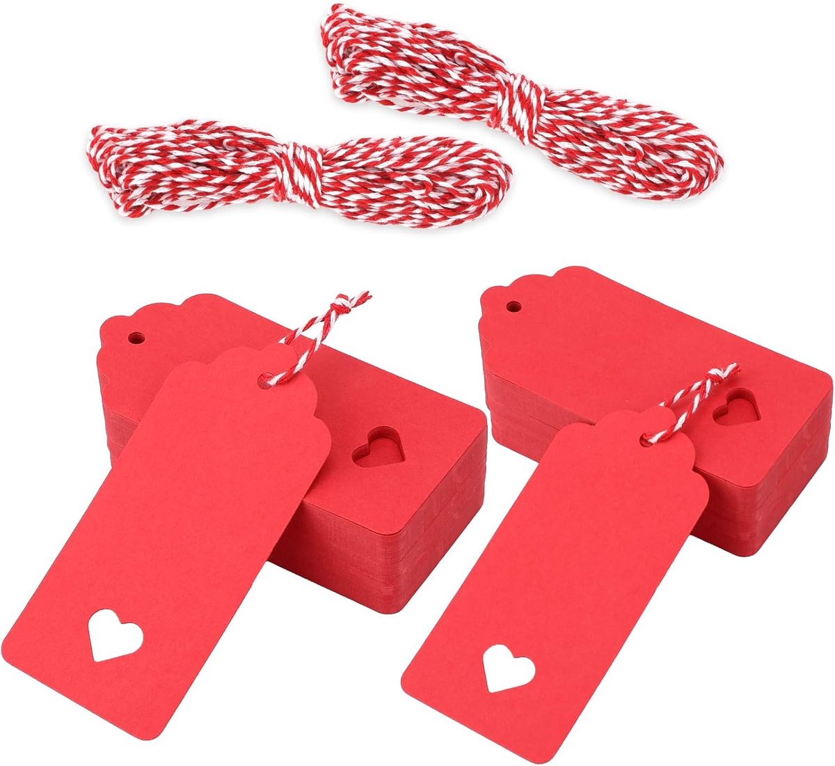 geschenkhanger, 100 stuks hartvormige hanger voor Valentijnsdag hanger, 4 cm x 9 cm Mooie huwelijksvoorkeur naamplaatje met 20 m rood en wit snoer