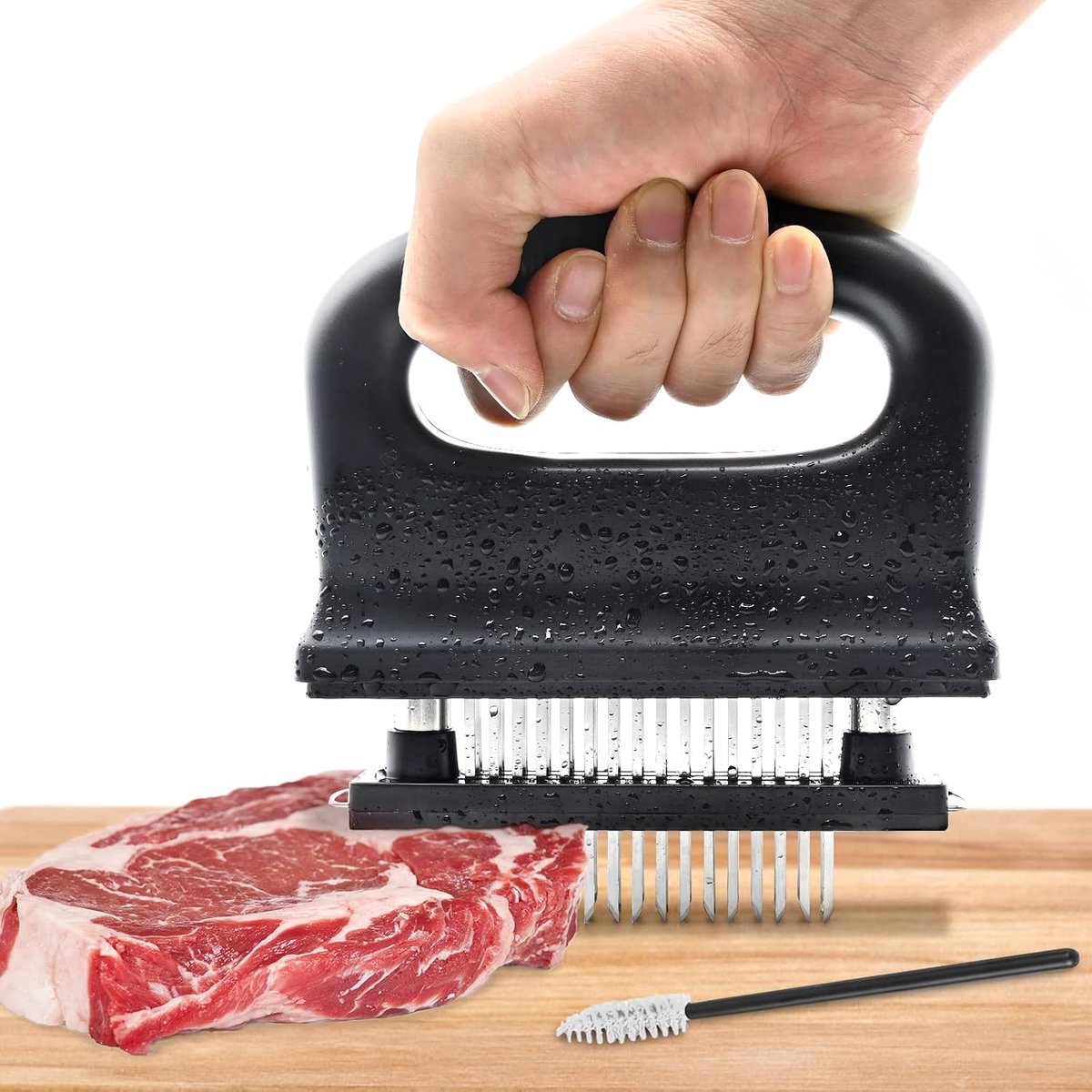 Vleespartmaker, vleestenderizer, vleesklopper met reinigingsborstel & 48 roestvrij staal, ultra scherpe naalden, zachtmaker, kookgereedschap voor zacht maken steak rundvlees/varkensvlees/kip