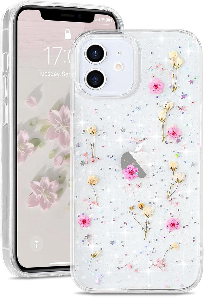 Hoes voor iPhone 13 Pro, telefoonhoes met gedroogde bloemen, transparant, glitter, telefoonhoes voor dames en meisjes, bloemen, beschermhoes, zachte siliconen bumper hoes voor iPhone 13 Pro,