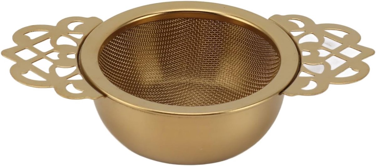 Theezeefjes, Duurzame Roestvrijstalen Fijnmazige Vintage Kanten Theezeef met Lekbak voor Thuis (Goud)