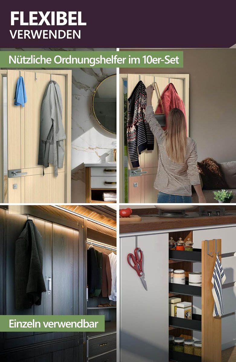 Deurhaken om op te hangen - set van 10, kleur grijs - solide kledinghaken deur voor het hele appartement, flexibele haken om op te hangen, belastbare deurhakenlijst, deurkapstok om op te hangen