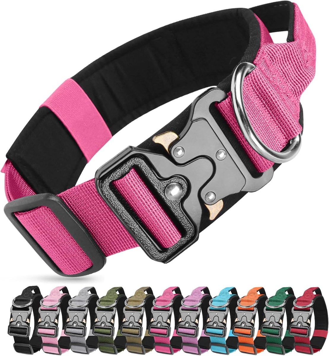 Tactische hondenhalsband XL - Roze rood nylon - Verstelbaar met handvat - Comfortabel en duurzaam - SnelShoppen