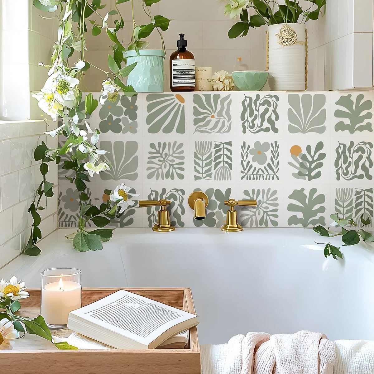 Tegelstickers, 15 cm, afpellen en opplakken, transfervinylvloer, waterdicht, spatbescherming voor keuken, badkamer, saliegroen met bloemenpatroon, 25 stuks