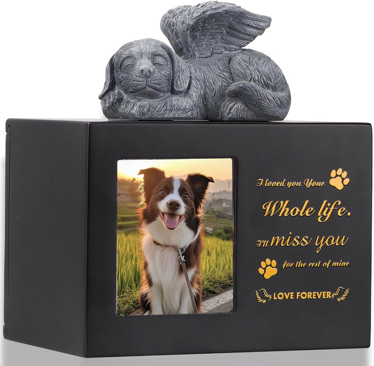 Dierenurnen voor honden, huisdierasdoos, zwarte hondenurnen van hout voor as, wordt geleverd met een hondenbeeld van kunsthars en een fluwelen zakje voor het bewaren van de as (25 kg)