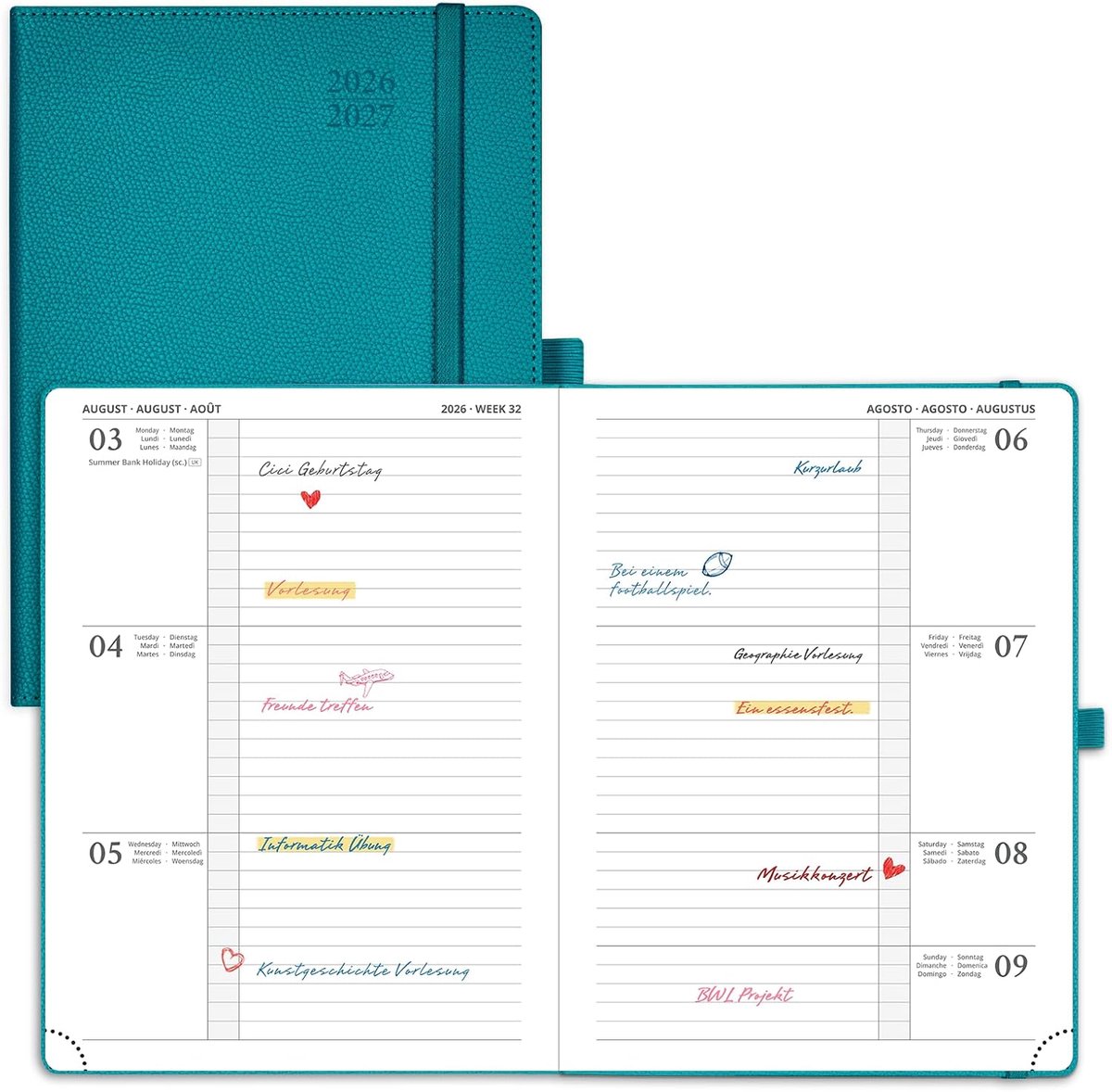 Kalender 2026 2027 Horizontale Wochenplaner (aug.2026-dec.2027) – ca.O7 Terminkalender met PU-leder, 17-maanden-organisator,1 Woche 2 Seite, stabel hardcover,Pacificgroen