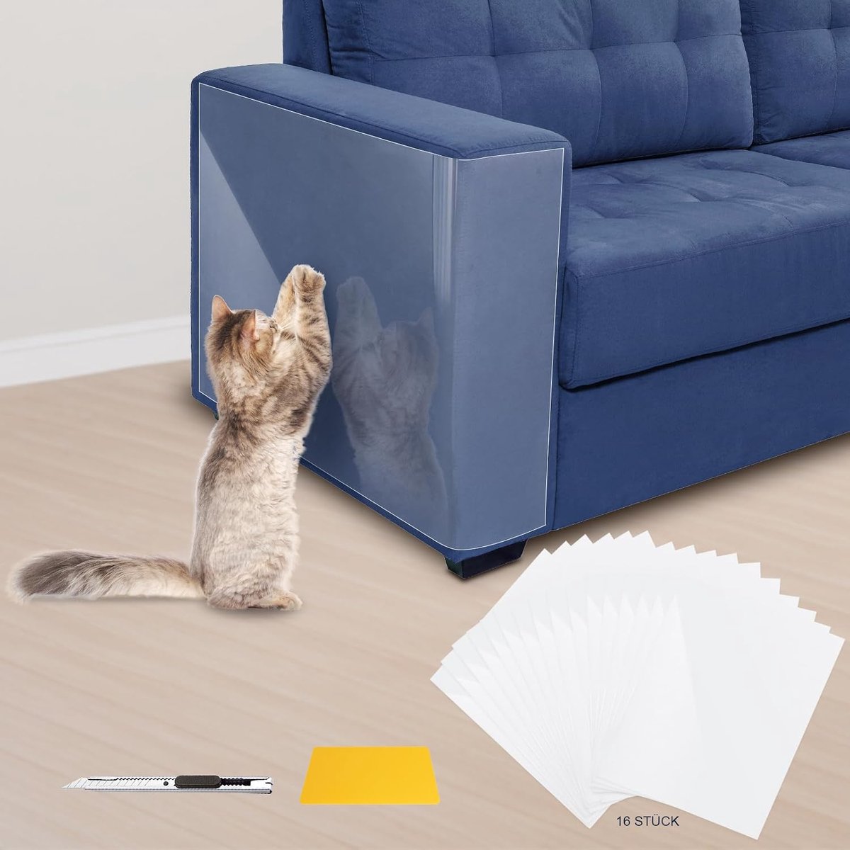 Krasfolie voor katten, zelfklevend, krasbescherming voor katten, transparant, krasbescherming, bank, deur, wanddecoratie, 43 x 30,5 cm, verpakking van 16 stuks