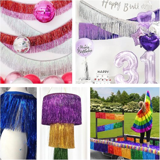 franje slinger,20 cm breed sprankelend klatergoud franje, 2 m lengte muur opknoping metallic folie franje slinger banner, glanzende streamers party achtergrond voor bruiloft verjaardag — afbeelding 2
