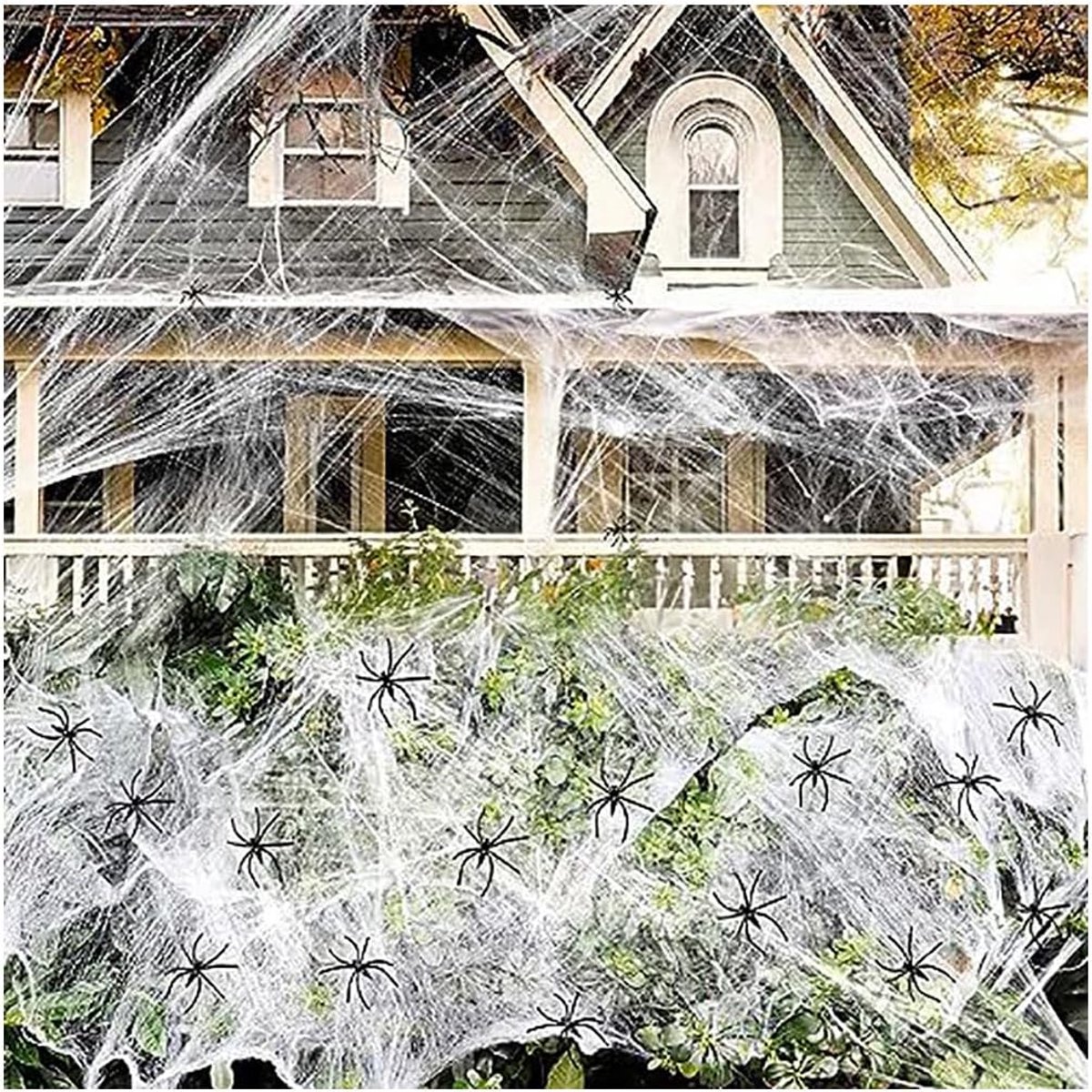 decoratie, 200 g, rekbaar spinnenweb, 60 stuks, zwarte spinnen, Halloween, elastische spinnenwebdecoratie, nepspin, horrorsfeer voor carnaval, Halloween, feestdecoratie, voordeur en outdoor