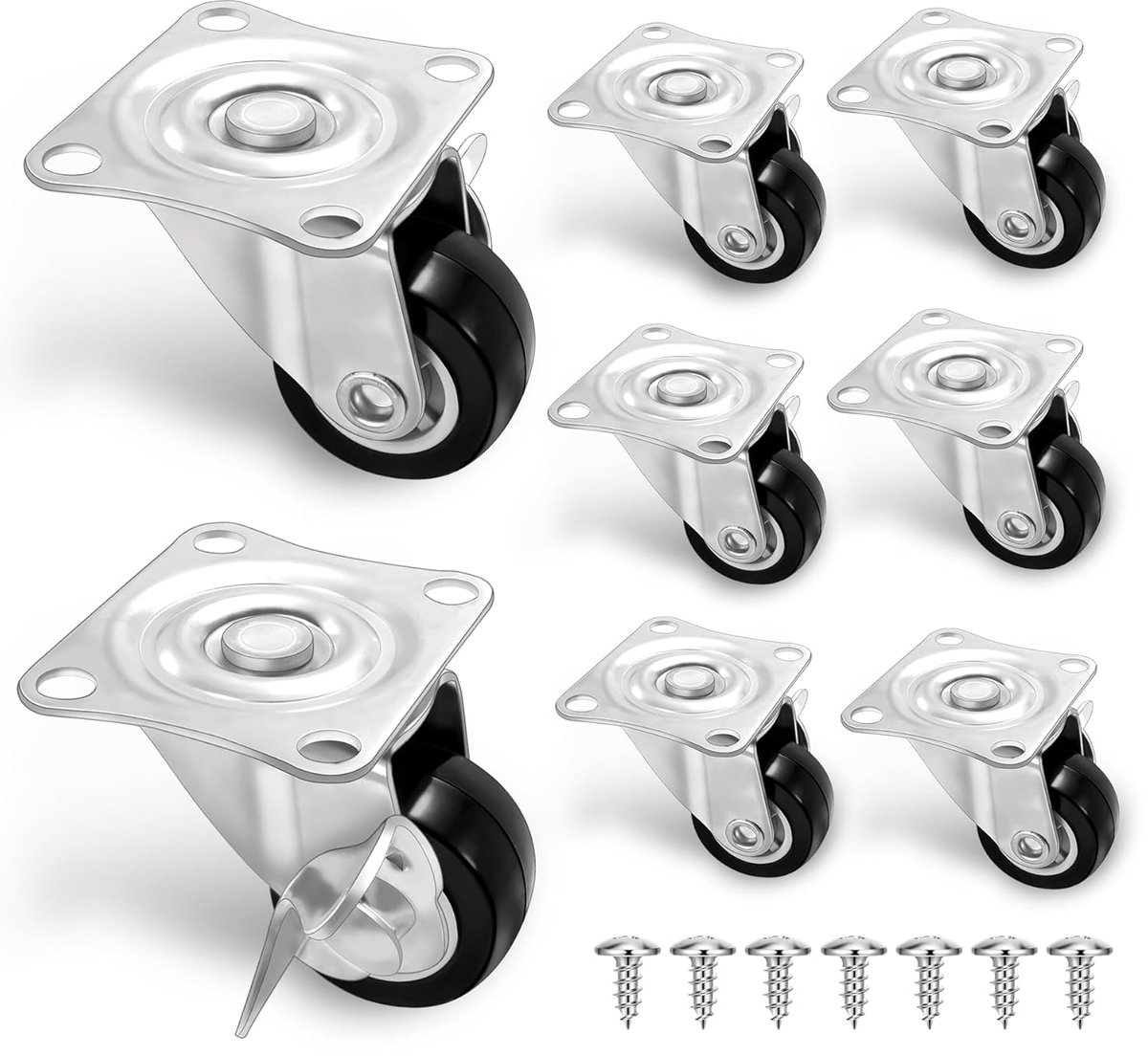 8 stuks meubelwielen inclusief 32 schroeven, 1 inch wielen voor stille meubels, 360 graden draaibaar, draaibare wielen met rem voor werkbank, tafel, kast