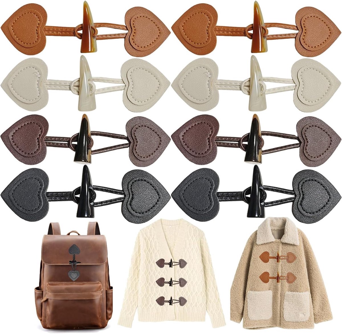 8 Hartvormige Leren Knevelsluiting Vierkleurige Knopen voor Trui Vintage Stijl Stijlvol Duurzaam Decoratieve Knevelknopen Dufflecoat voor Jassen Truien Jackets Knevelknopen duffelcoat(16cm×5cm)