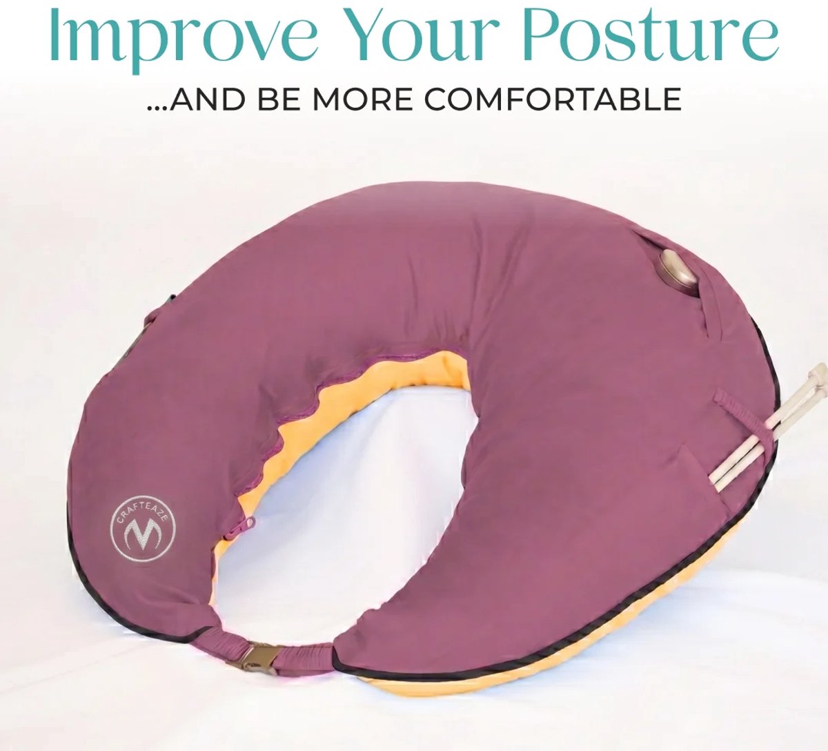 Crafteaze Maker's Pillow – Ergonomisch Haak- & Breikussen met Opbergvakken – Nek- en Armondersteuning – Paars/Oranje
