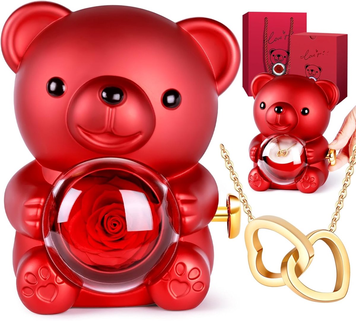 Teddybeer met Eeuwige Roos en Ketting, Rozenbeer Verjaardagscadeaus voor Vriendin of Moeder, Verjaardagscadeau voor Vrouwen, Gepersonaliseerd Valentijnsgeschenk Haar, Moederdag (Rood-SX)