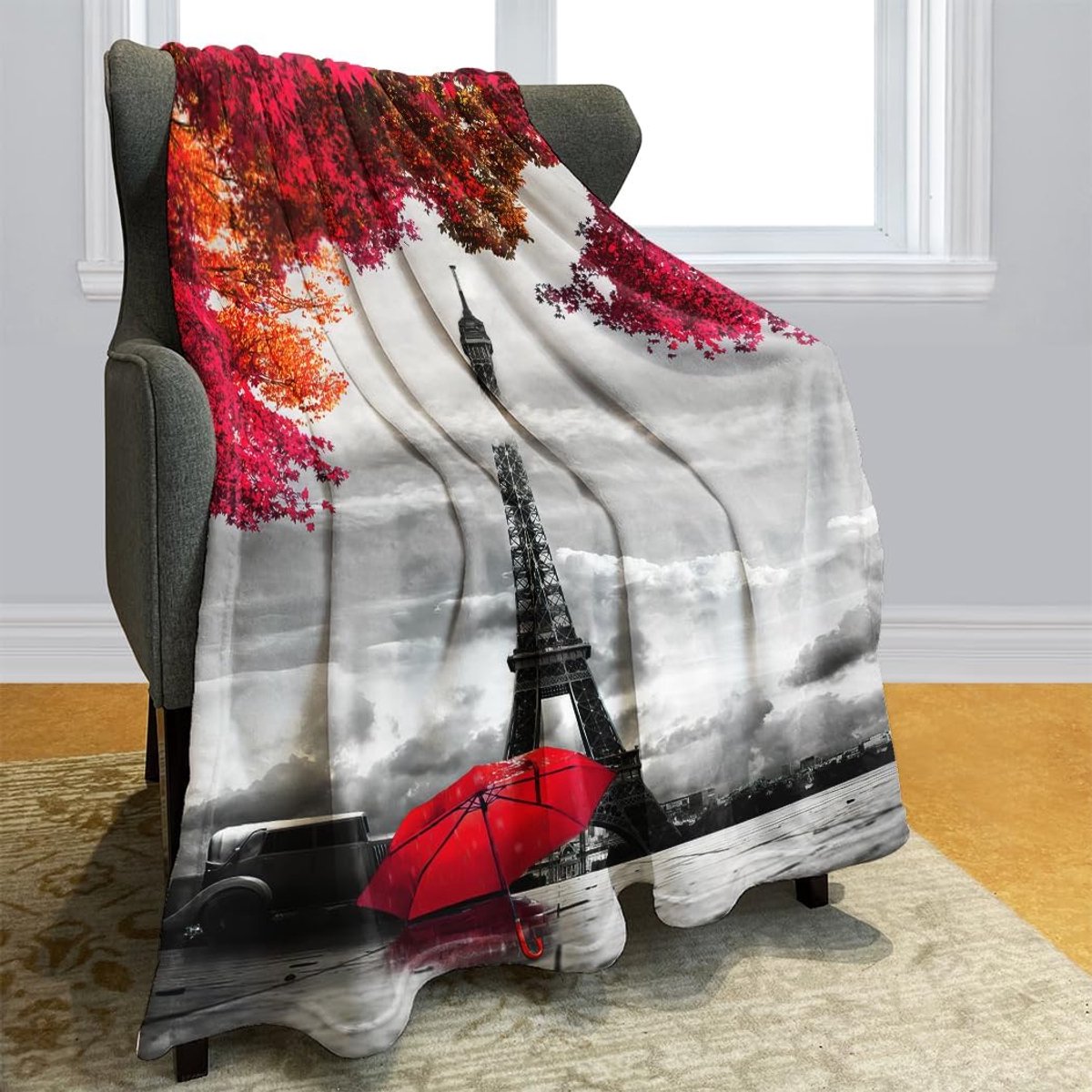 deken zachte warmte gezellig flanellen fleece sofadeken deken Parijs Eiffeltoren Red Umbrella esdoorn 150 x 200 cm