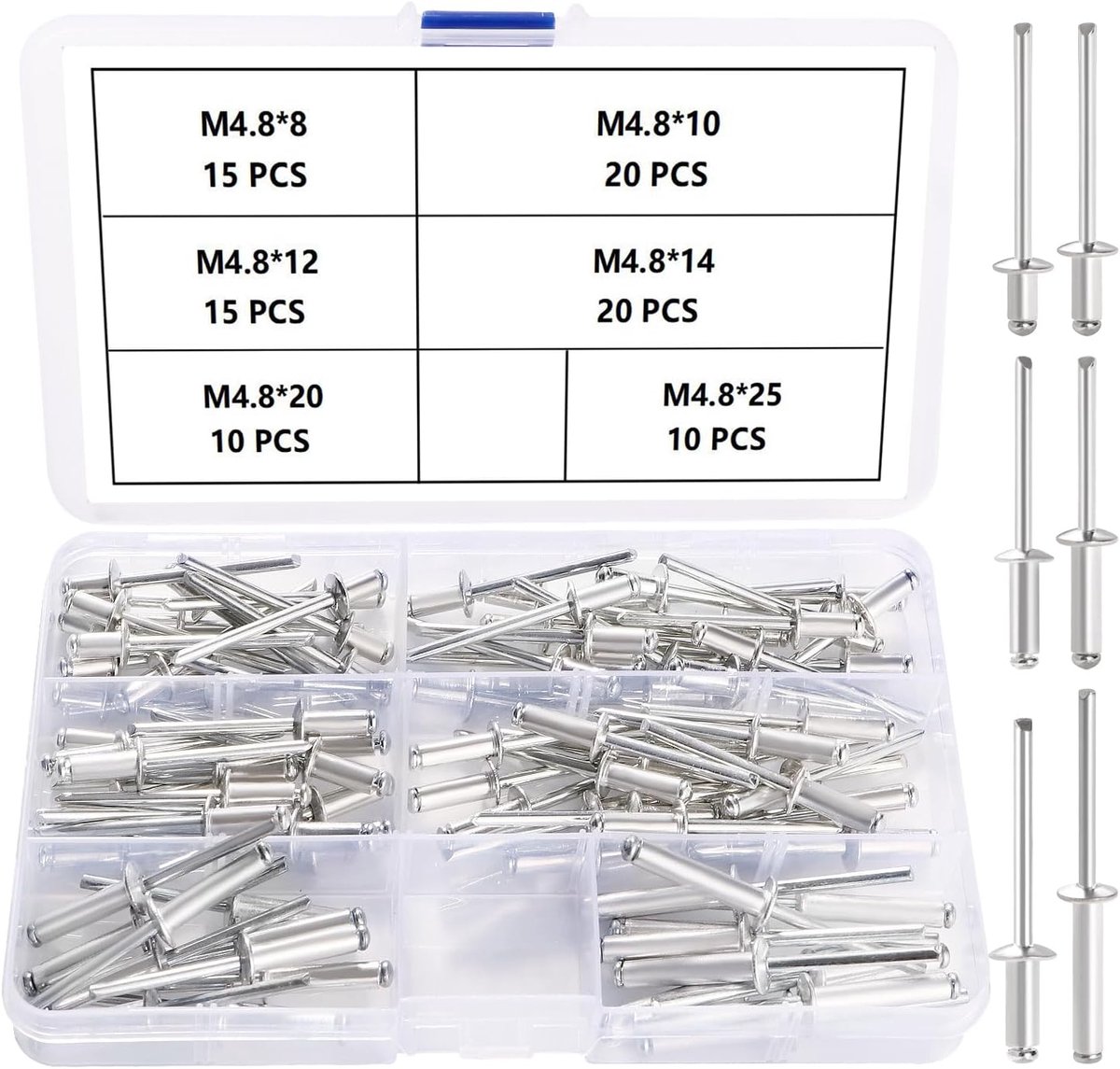 90 Stuks 6 Maten M4.8 Dome Blind Klinknagel Kit, Metalen Klinknagels Trek Pop Klinknagels, Aluminium Pop Klinknagels Grote Flens