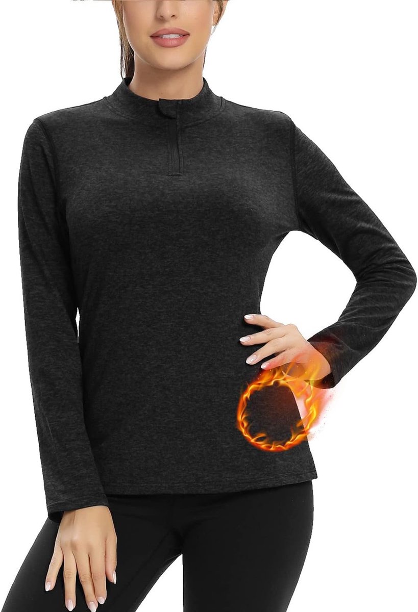 loopshirt voor dames, fleece pullover met lange mouwen, 1/4 ritssluiting, functioneel shirt, thermo-ademend sportshirt, fitnessshirt, winter, warm,