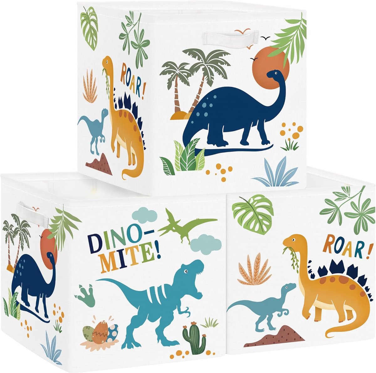 Set van 3 Opbergdozen Dinosaurus Opbergkubussen voor Kast Vulkaan Kleding Mand Speelgoedkist en Boeken voor Slaapkamer, Palmen, 30x30x30 cm