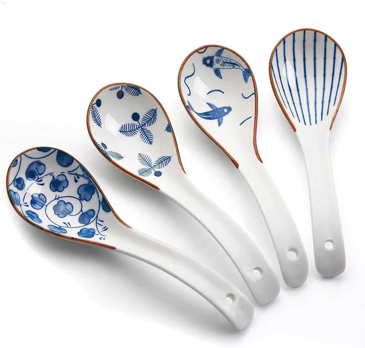 Soeplepels, Aziatische keramische soeplepels, wit en blauw, perfect voor Ramen Pho Cereal Wonton Dumpling Miso