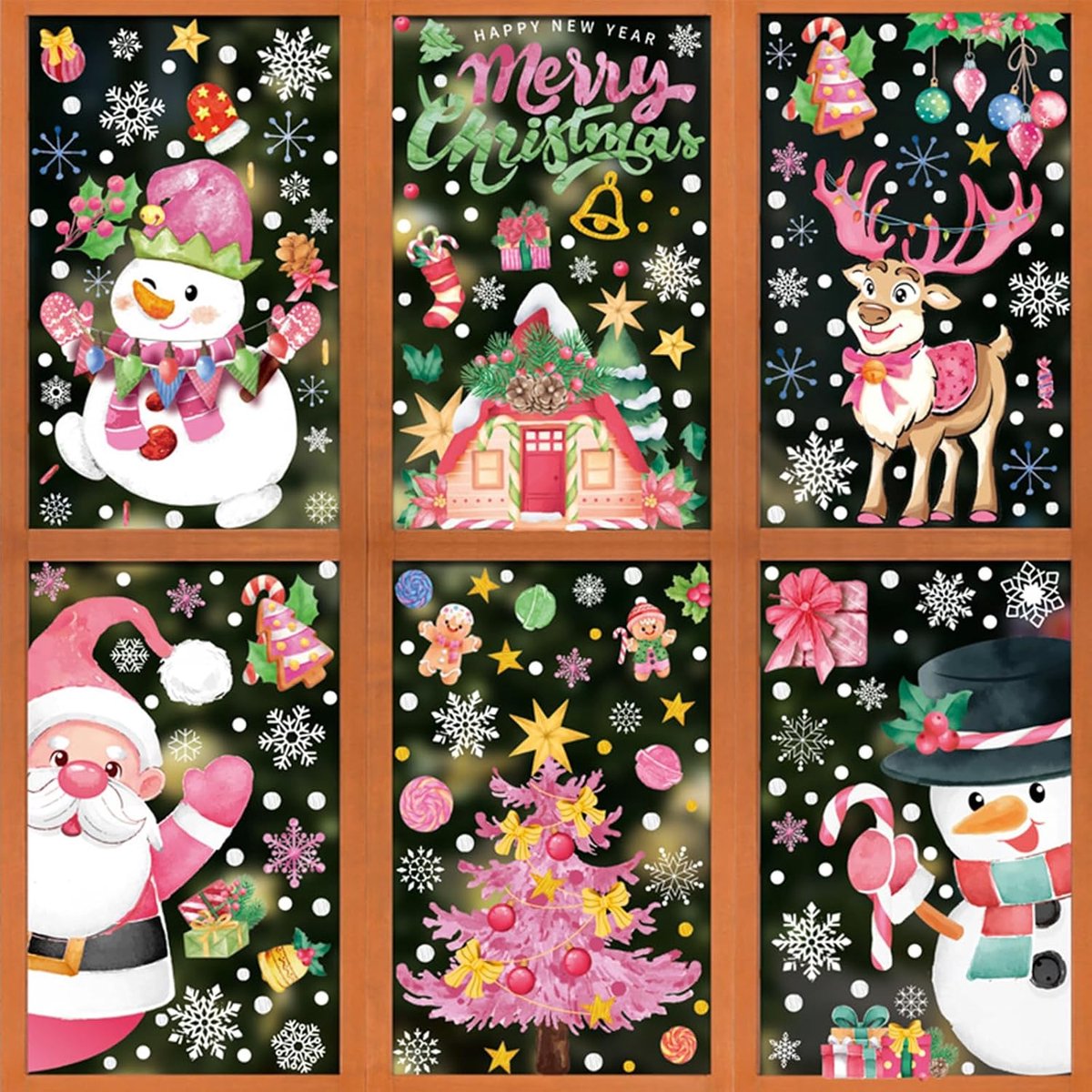 Raamstickers, Kerst Raam Klampt Herbruikbare Raamdecoratie Kerstman Rendier Sneeuwpop Sneeuwvlok 2025 PVC Roze Statische Decal Xmas Venster Sticker