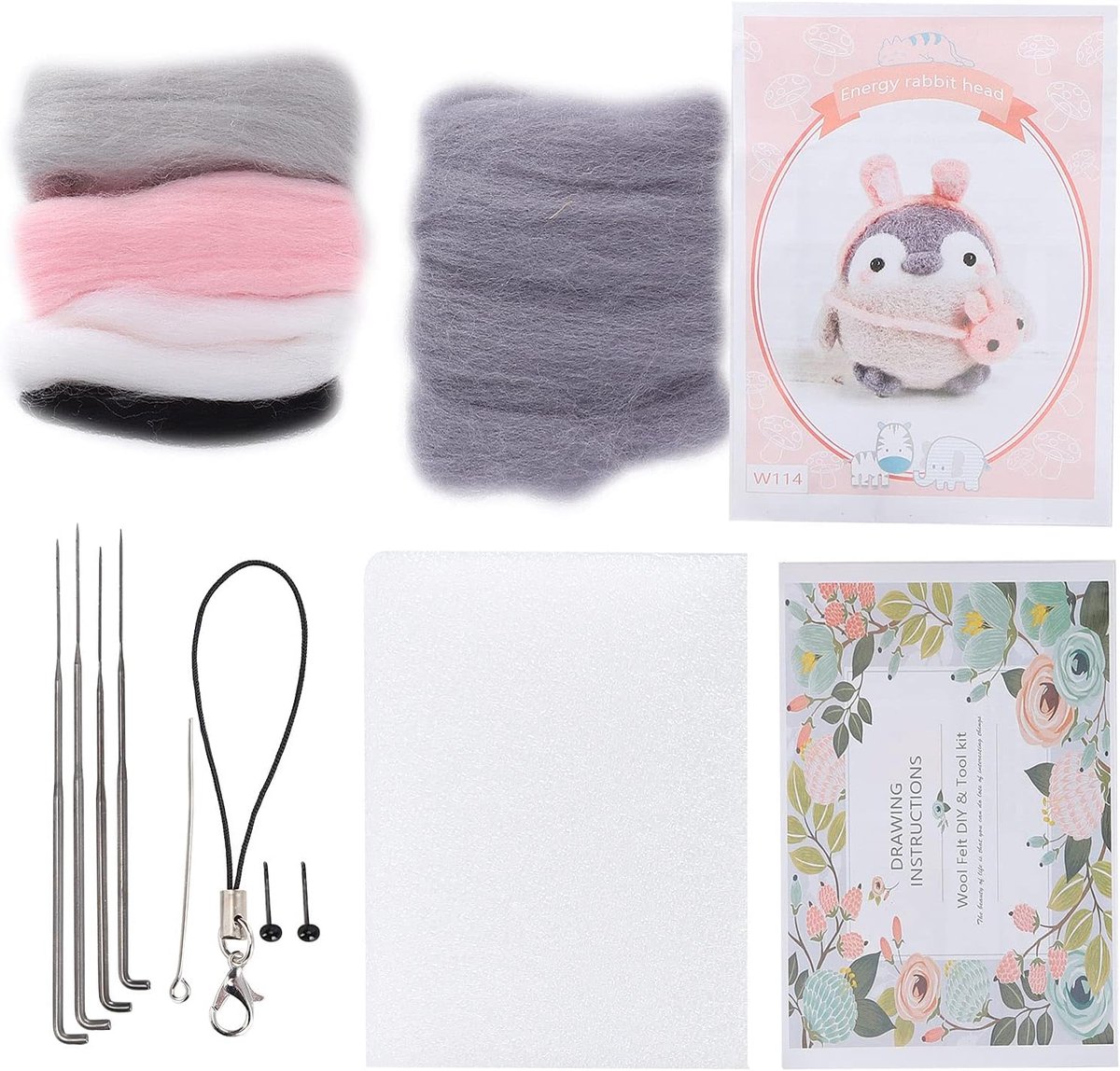 Kits Schattige Dieren Wolvilten Benodigdheden Naaldvilten Kit voor Beginners Kinderen Volwassenen Craft (114#Energie konijnenkop)
