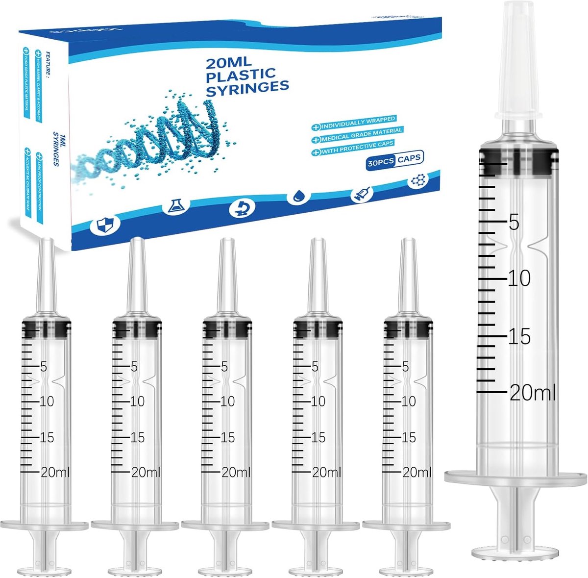 20 ml spuit met deksel, 30 stuks herbruikbare spuiten van 20 ml, spuit voor wetenschappelijke laboratoria, tuinirrigatie, industrie