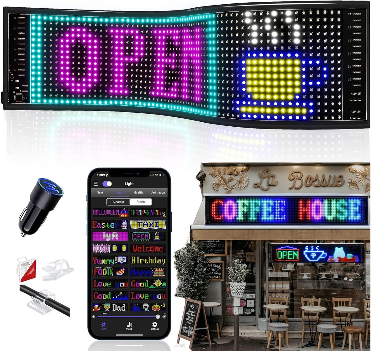Programmeerbare Auto Led Teken - 47,5 x 11,9 cm Flexibele Aangepaste Led Teken voor Auto - 5V/2A 5.0 Bluetooth APP Besturing - DIY Aangepaste Tekst Patroon Heldere Reclame