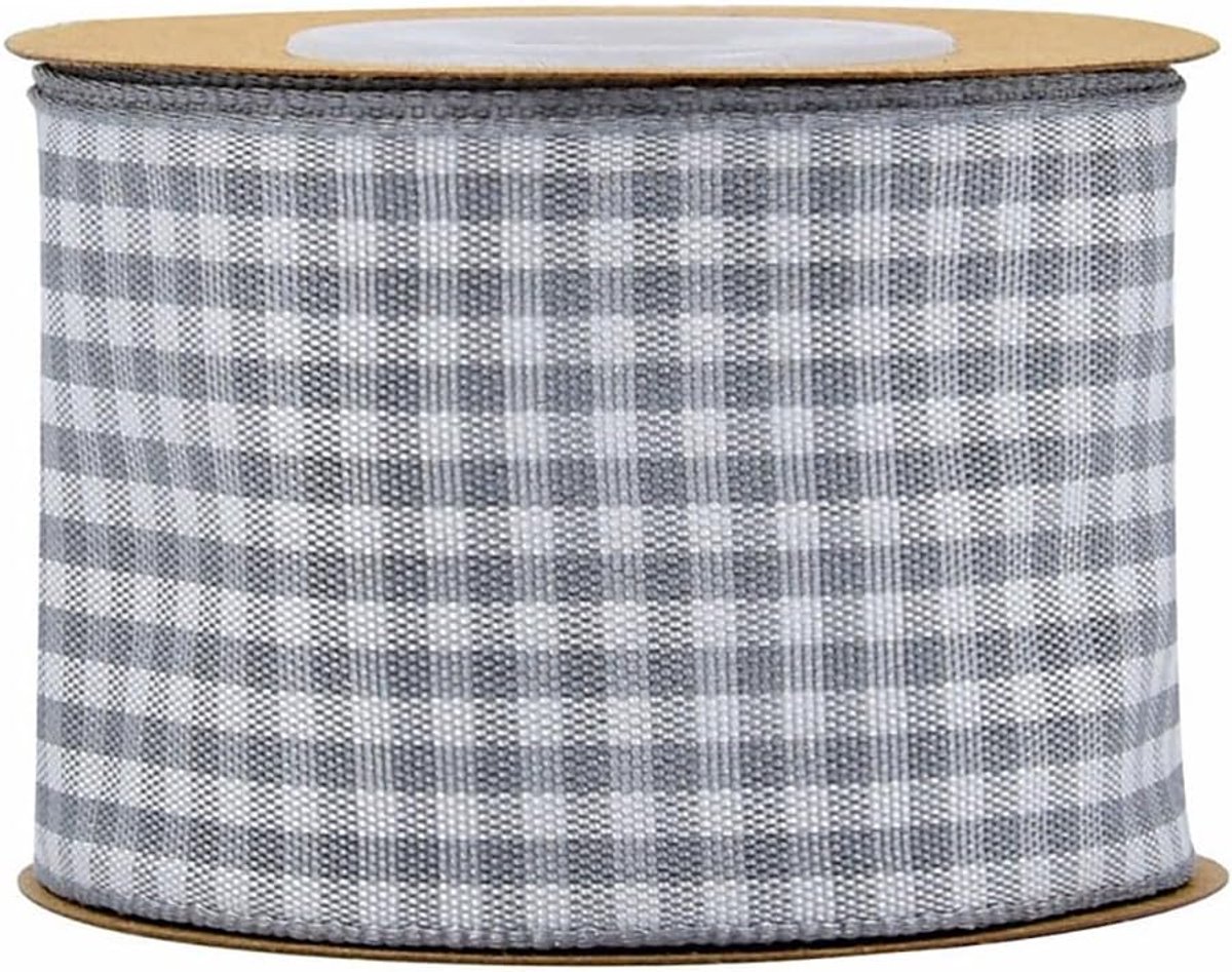 lint 5 m kerstlint Gingham lint kerstlinten om te knutselen, plaid lint decoratief lint voor cadeau doe-het-zelf knutseltaart Kerstmis party decoratie grijs 38 mm