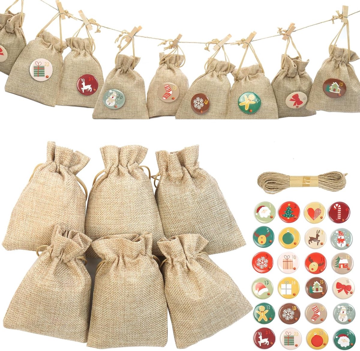 24 Adventskalender om Zelf te Vullen, 2024 Stoffen Adventskalender Jute Zak Herbruikbaar Adventskalenderzakjes met 24 Stickers, Kerstkalender Groot Cadeauzakjes (10x15cm Geel)