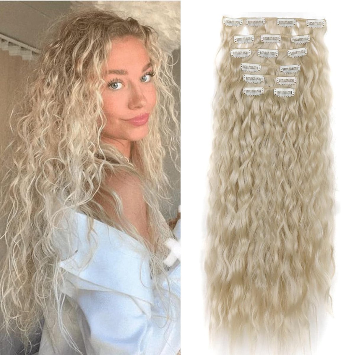 Clip in Extensions Haarstukje Golvend Haar Extensies Zoals Echt Haar Hair Extensions Clip in 6 PCS 50cm Lang Krullend Golvend Synthetisch Haar voor Vrouwen, Platinablond