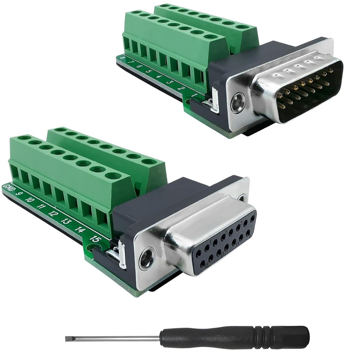 terminal adapter 1 paar 15-polige stekker + bus breakout adapter D-SUB RS-232 serieel naar 15-pins soldeervrij klemblok signaalmodule (1 stekker + 1 bus)