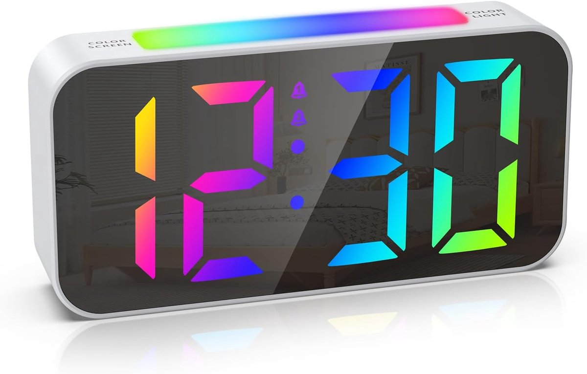 Digitale wekker, 6,9 inch digitale moderne tafelklok met 2 alarmen, 3 volumeniveaus, instelbare helderheid, 10 nachtlichtmodi, 8 RGB-tijdweergave, 12/24 uur, snooze, voor slaapkamer, kantoor
