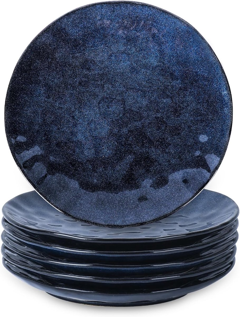 Dinerborden set, 25 cm, set van 6, rond, magnetron, oven, vaatwasmachinebestendig, porselein gegolfd geschikt voor biefstuk, pasta, pizza, thuis, feest, restaurant (blauw)