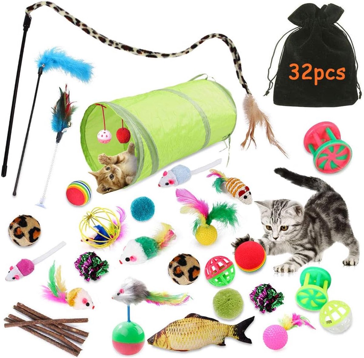 32 Stuks Kattenspeelgoed - Kattenstaf, Interactief Speelgoed Met Veren, Bel, Kreukelballen en Muizen Voor Indoor Kitten