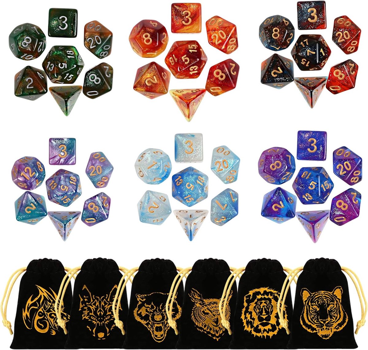 polyedrische dobbelstenen, 42 stuks, glinsterend, met zakjes, tweekleurig, polyedrische speeldobbelstenen voor Dungeons en Dragons DND, RPG, MTG, W20, W12, W10, W8, W6, W4, tafelkaartspellen