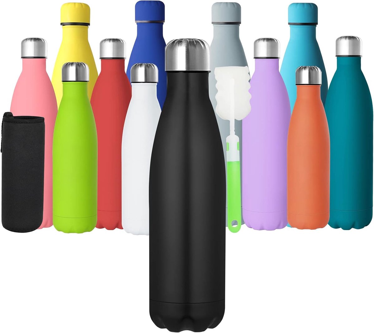 waterfles van roestvrij staal 500ml, dubbelwandige vacuüm geïsoleerde metalen bottles 12 uur warm & 24 uur koude dranken fietsen flessen voor buitensporten wandelen lopen zwart