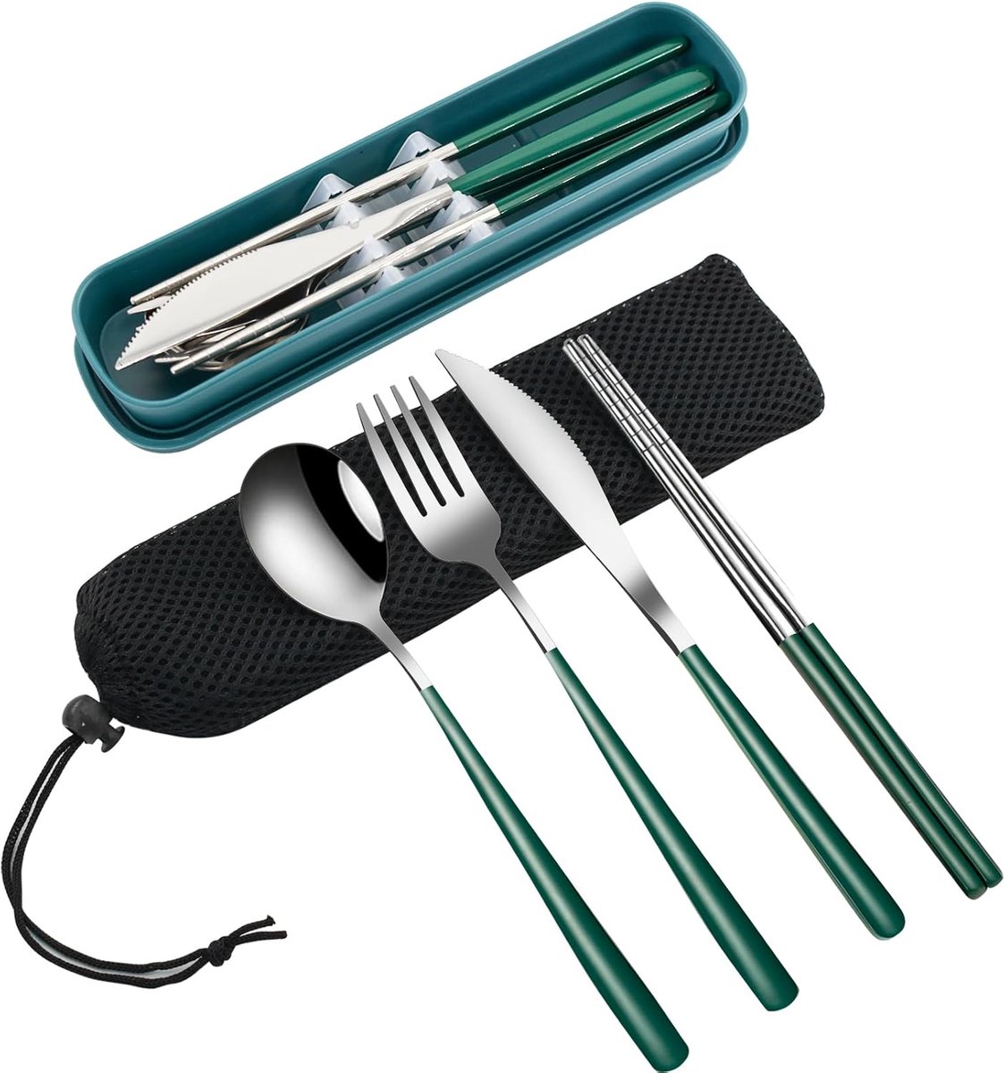 4-delig draagbaar reisbestek met opbergkoffer, roestvrij staal herbruikbaar bestekset met vork, lepel, mes, eetstokjes voor reizen, school, werk, picknick (diepgroen)